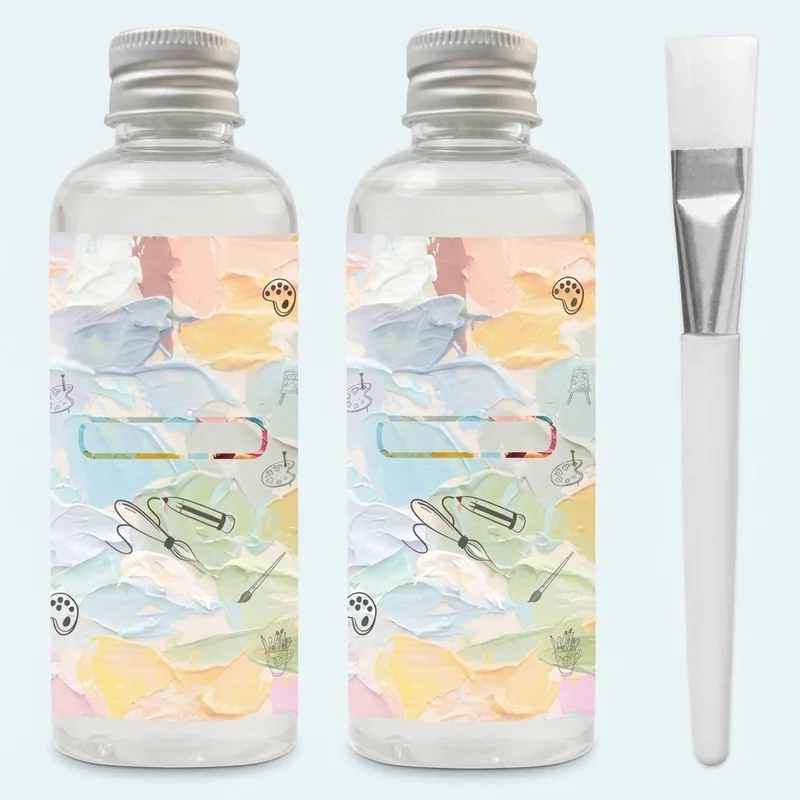 EIGTWEN acrylic varnish duo bottles in front of a varnished acrylic painting