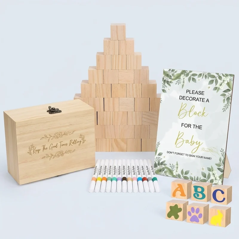 EIGTWEN baby shower games kit with wooden blocks, sign and paint pens laid out