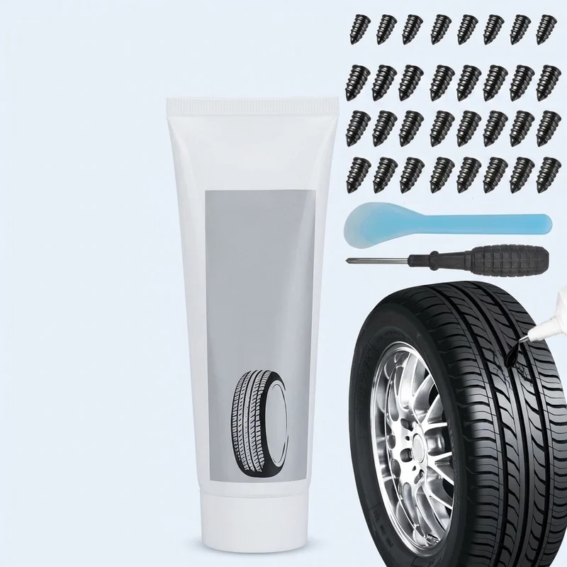 EIGTWEN tire repair glue bottle with rubber repair nails and patched tire