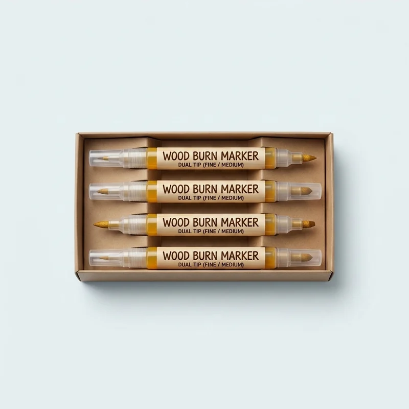 EIGTWEN wood burning marker pens with burned lettering on a wooden board